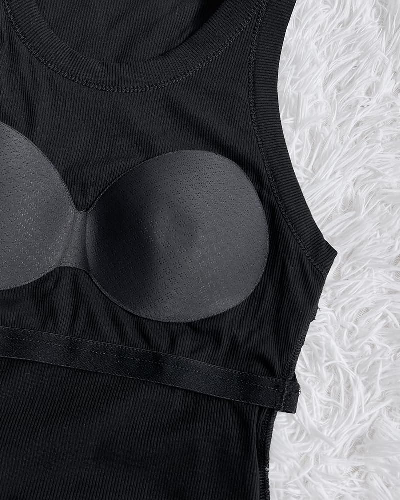 CHICME Tank Tops with Built in Bras Athletic Tank Tops for Women Ribbed Tank Top Running Tops Black-M