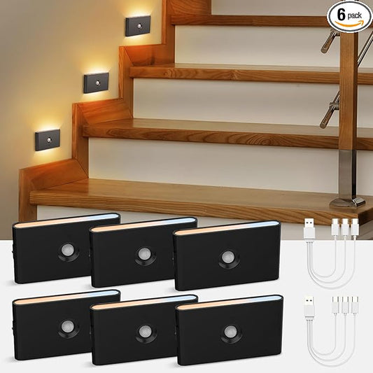 wowatt 6 Packs Rechargeable Motion Sensor Stair Light Black (Magnetic Mounting Design)(Sensor Modes Available)(Lighting Dimmable) Battery Night Lights for Stairway, Hallway, Bathroom