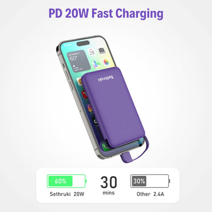 Slim Portable Charger with Built in USB C Cable,20W Fast Charging Power Bank,Small Mini Lightweight Phone Battery Pack 6000mAh,Ultra Thin Travel Essentials for iPhone 17 16 15 Series,Samsung,Android