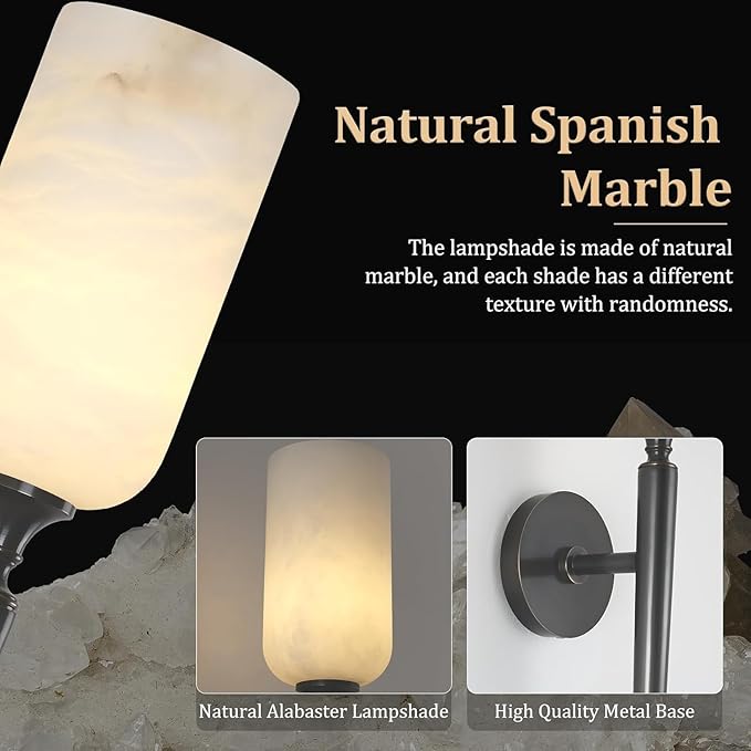 Alabaster Wall Sconce, 22in Modern Spanish Natural Marble Bathroom Vanity Sconces, Unique Indoor Black Wall Lighting Fixtures Decor for Bedroom Living Room Staircases