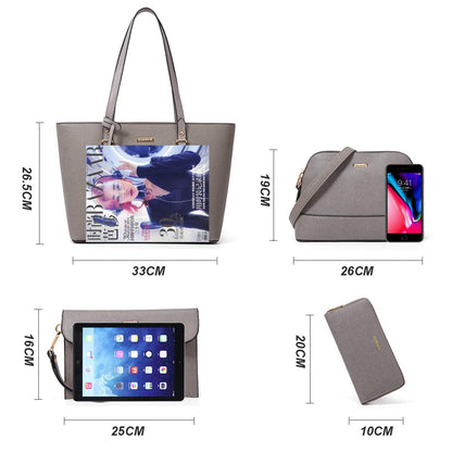 Women Fashion Synthetic Leather Handbags Tote Bag Shoulder Bag Top Handle Satchel Purse Set 4pcs, Grey