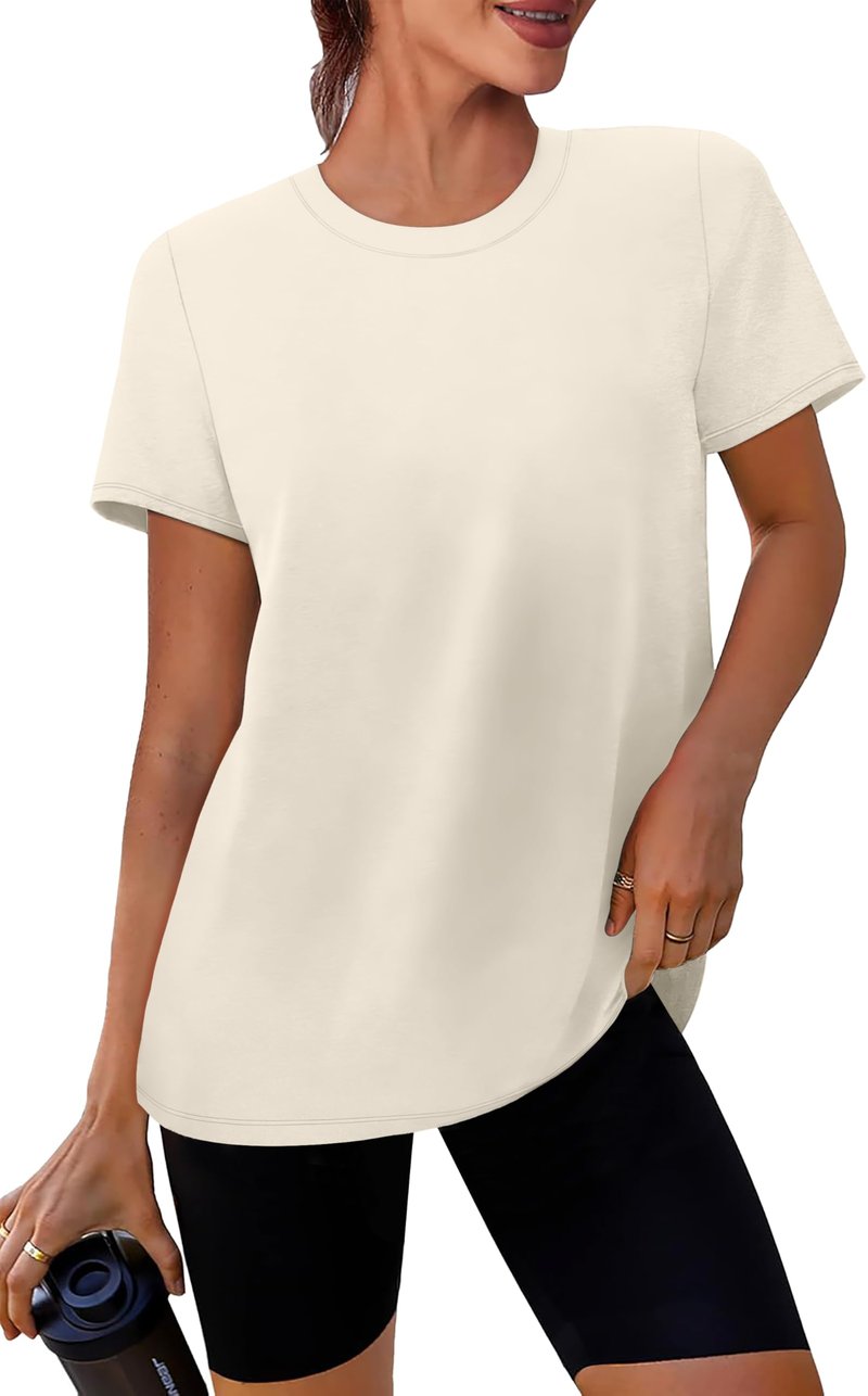 NIASHOT Summer Workout Tops for Women Womens Dry Fit T Shirts Short Sleeve Basic Fitness Clothing Womens Athletic Yoga Tops Pilates Outfits Gym Running Shirts Rash Guard Ivory L