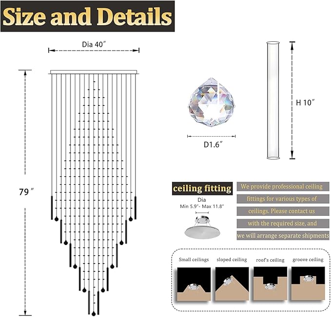 Flashing God D40''X H80'' High Ceiling Chandelier Crystal Raindrop Chandeliers Staircase Large Chandelier Villa Entrance Foyer Ceiling Light High Ceiling Pendant Light Fixture