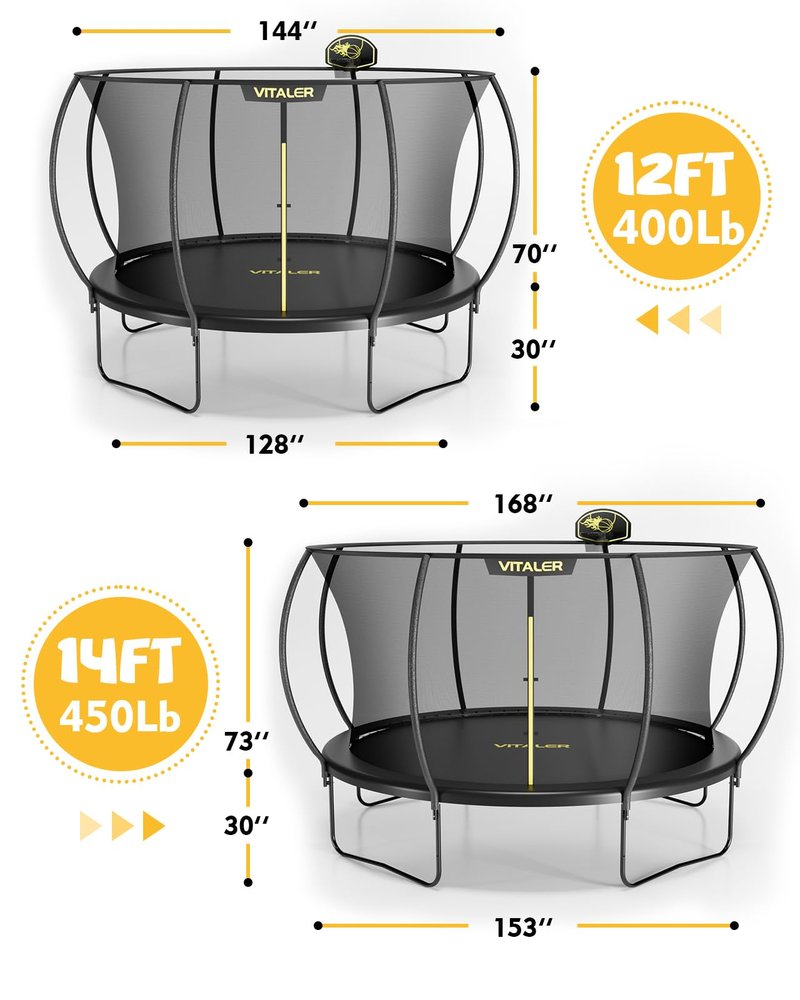 Vitaler Trampoline Outdoor 12FT with Basketball Hoop and Net Enclosure, Recreational Trampolines for Kids and Adults, Outdoor Backyard Trampoline with Anti-Rust Coated Frame, ASTM Approved