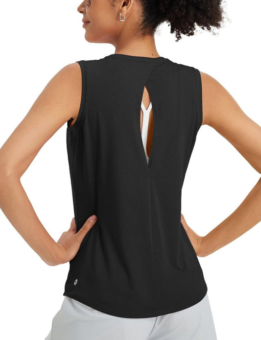 baleaf Women's Workout Tank Tops Open Back Yoga Top High Neck Sleeveless Shirts Running Loose Fit Athletic Gym Black M