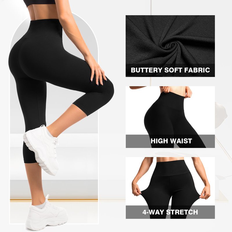 Leafigure 2-Pack Capri Leggings for Women, High Waisted Soft Yoga Pants for Gym Workout Black L-XL