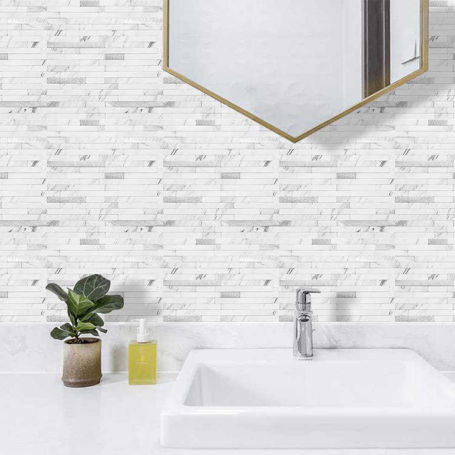 AULIGET 20 Sheets Faux Stone Peel and Stick Backsplash, White Marble Look PVC Wall Tiles Stick on Backsplash for Kitchen