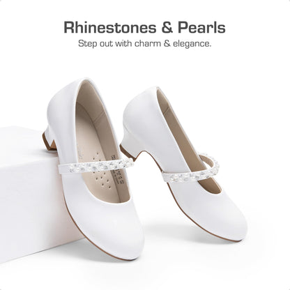 DREAM PAIRS Girls Party Shoes Low Heels for Little Big Girl Mary Jane Shoes with Pearl Rhinestones Flower Girl Pumps Princess Wedding,Size 3 Big Kid,White,SDFL2403K