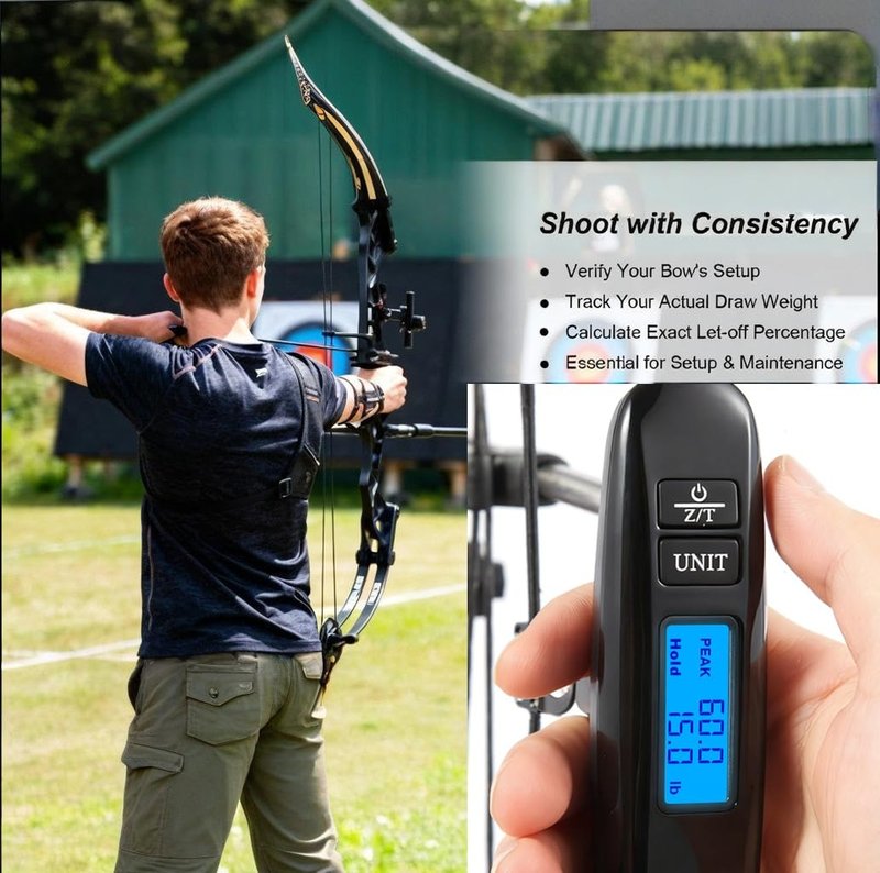 AHOSOUTLY Archery Bow Scale Recurve/Compound Bow 110LB/50KG Tuning Scale with Peak and Hold HD LCD Display LB/KG Battery&Screwdriver Included(Black)