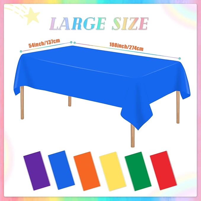 6 Packs Disposable Plastic Tablecloths 54 x 108 Inch Rainbow Color Table Cloth Colorful Rectangle Waterproof Table Covers for Birthday Parties Wedding Picnic Theme Party Decorations