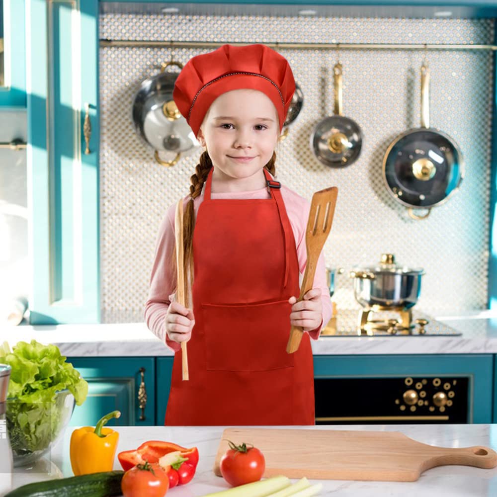 SUNLAND Kids Apron And Hat Set Children Chef Apron For Cooking Baking Painting Red (M:6-12 Years)