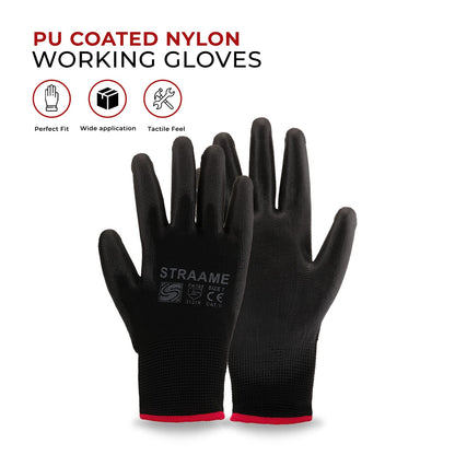 Straame Pack of 12 or 24 Black Safety Work Gloves, Outdoors PU and Nylon Non-Slip Work Handling Gloves, Good Dexterity Firm Grip Protective Working Gloves Size (Pack of 12 Pair's, L)
