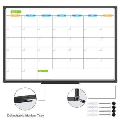 JILoffice Dry Erase Calendar Whiteboard - Magnetic White Board Calendar Monthly 36 X 24 Inch, Black Aluminum Frame Wall Mounted Board for Office Home and School