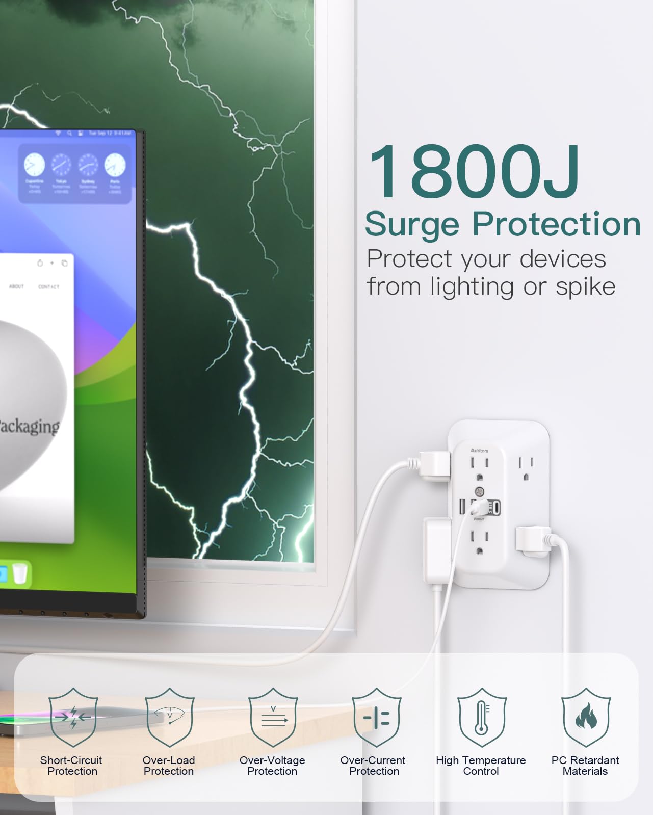 Addtam Surge Protector Outlet Extender, 6-Outlet Splitter with 4 USB Wall Charger(2 USB-C Ports), Multi Plug Wall Outlet 1800J Power Strip for Home Office Dorm Room Essentials