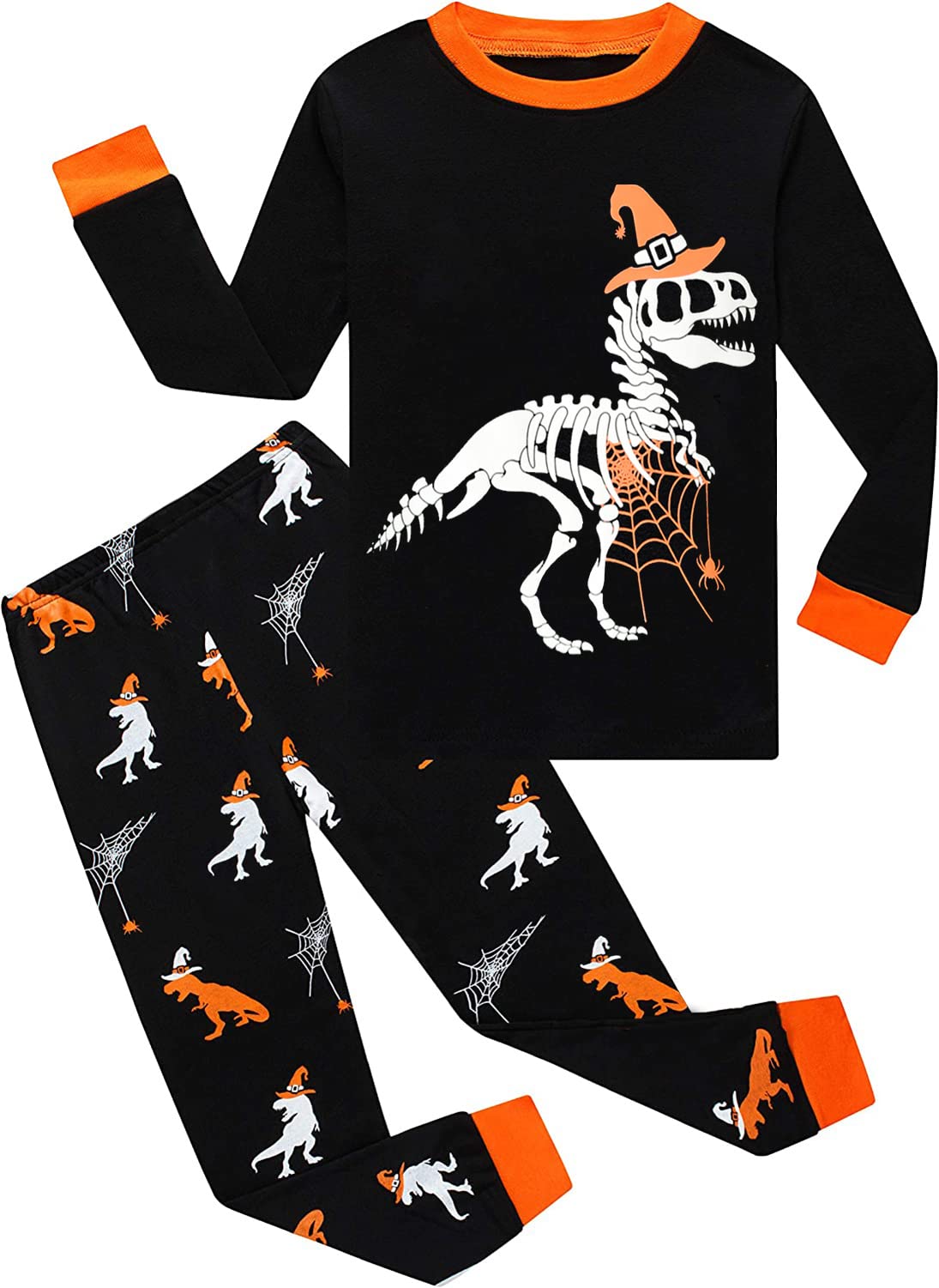 Boys Pajamas Halloween Shirt & Pants Pjs Glow in the Dark Dinosaur with Cobweb Kids Jammies 6t 7t