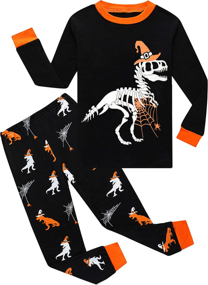 Boys Pajamas Halloween Shirt & Pants Pjs Glow in the Dark Dinosaur with Cobweb Kids Jammies 6t 7t