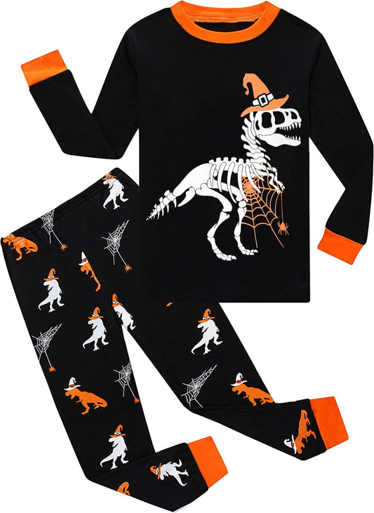 Boys Pajamas Halloween Shirt & Pants Pjs Glow in the Dark Dinosaur with Cobweb Kids Jammies 6t 7t