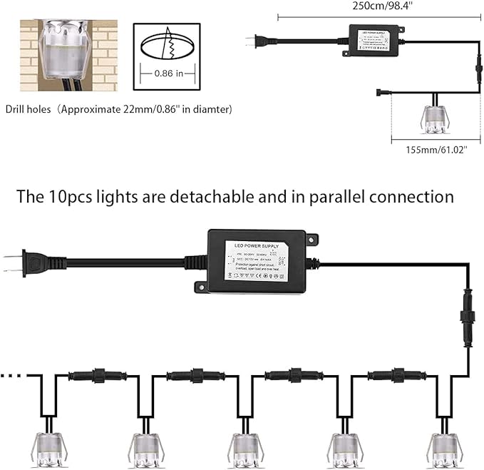 RNEHON LED Deck Lights Kit, Waterproof IP67 Deck Lamp Low Voltage 10 pcs Warm White LED In-ground Lighting Outdoor Garden Yard Pathway Patio Step Stairs Landscape Decor Lamps