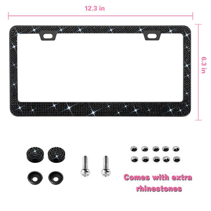 Bling License Plate Frame for Women, 1PCS Sparkly License Plate Frames| Over 1200 pcs 14 Facets Bedazzled Clear Glass Diamond Rhinestone Crystals w/Free Glitter Diamond Box (Black)