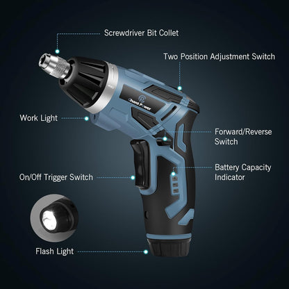 C P CHANTPOWER Cordless Electric Screwdriver Set, 6 +1 Torque Setting Rechargeable 4V Small Screwdriver with 11 Accessories, Flashlight and Charger Blue