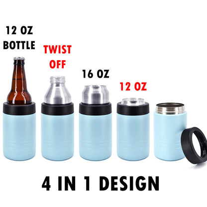 4-in-1 Stainless Steel 12 oz Double Wall Vacuum Insulated Can or Bottle Cooler Keeps Beverage Cold for Hours - Also Fits 16 oz Cans - Powder Coated Light Blue - Clear Water Home Goods