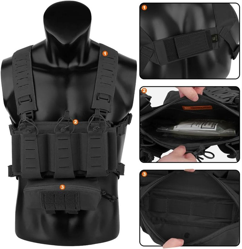 KRYDEX Tactical Chest Rig - Triple Elastic 556 Magazine Pouch with GP & Mini Drop Pouch | Adjustable Harness