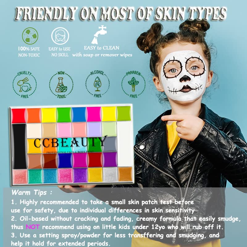 CCbeauty Professional 36 Colors Face Body Paint Kit, Largest Oil Based Hypoallergenic Neon Face Painting Palette Set with 10 Brushes for Halloween SFX Special Effects Cosplay Costume Makeup