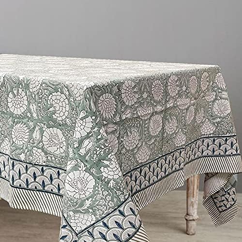 ATOSII Jade 100% Cotton Rectangle Boho Fall Tablecloth, Handblock Floral Table Cloth Linen for Kitchen Dining I Parties Wedding Outdoors Christmas Thanksgiving I 72 X 140 Inches I 12 Seater