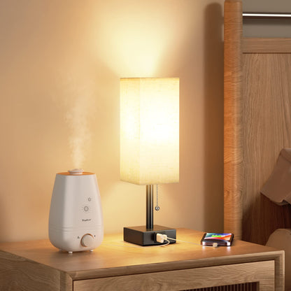 Aooshine Bedside Lamps, Table Lamp with USB C+A Charging Ports, Small Lamp with 3-Color Modes with Pull Chain, Bedroom Lamps with Beige White Fabric Shade(LED Bulb Included)