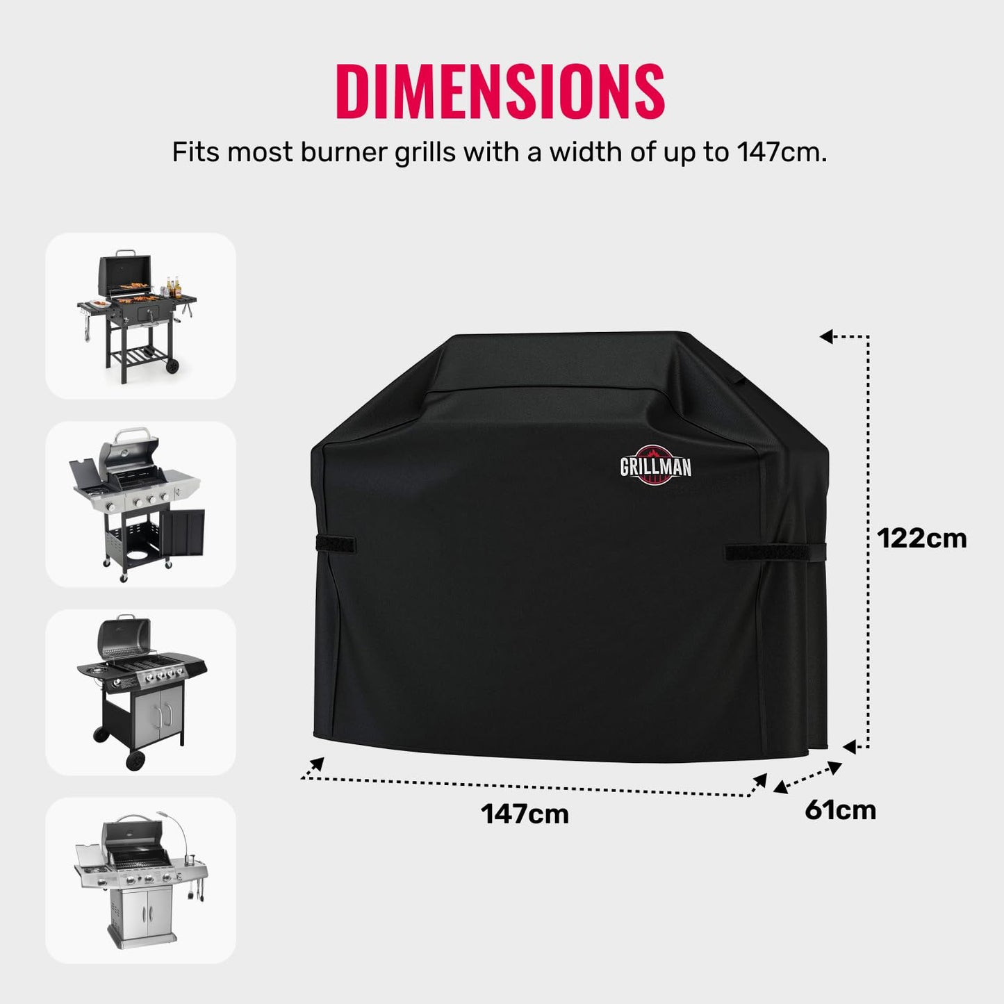 Grillman Heavy Duty BBQ Cover - 147 x 61 x 122 cm Waterproof Barbecue Cover for Outdoor Grill - Fits Weber, Char Broil, Outback - Windproof, Rip-Proof, UV Resistant - Black