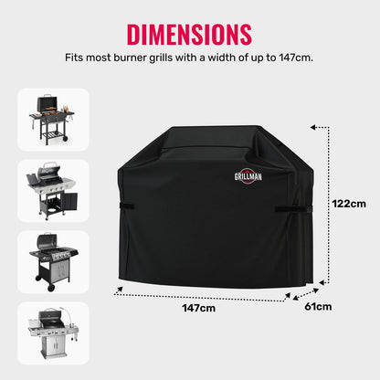 Grillman Heavy Duty BBQ Cover - 147 x 61 x 122 cm Waterproof Barbecue Cover for Outdoor Grill - Fits Weber, Char Broil, Outback - Windproof, Rip-Proof, UV Resistant - Black