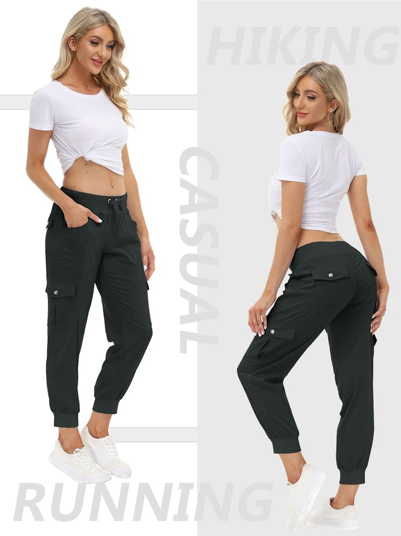 MoFiz Women Cargo Pants with Pockets Lightweight Outdoor Summer Travel Casual Hiking Pants Running Joggers Sweatpants Elastic Waist Dark Grey L