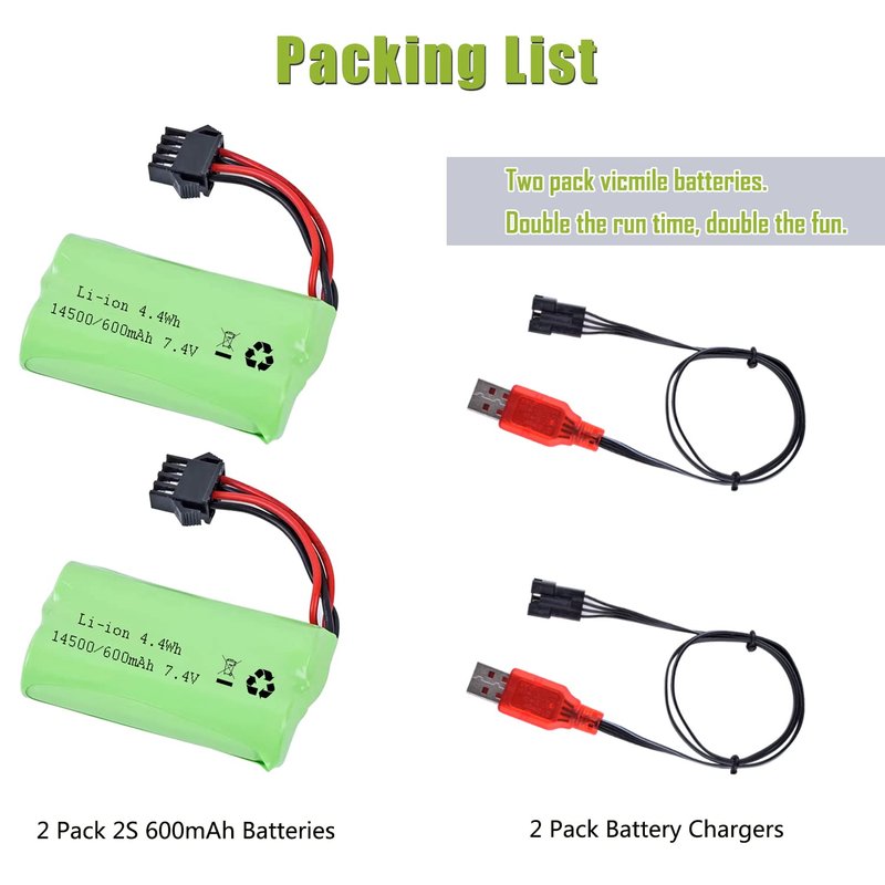 VICMILE 7.4V Li-ion Battery 600mAh 2S Rechargeable with SM-4P Plug and USB Battery Charger Fit for Most Water Ball Blaster RC Car Trucks Battery 2PACK