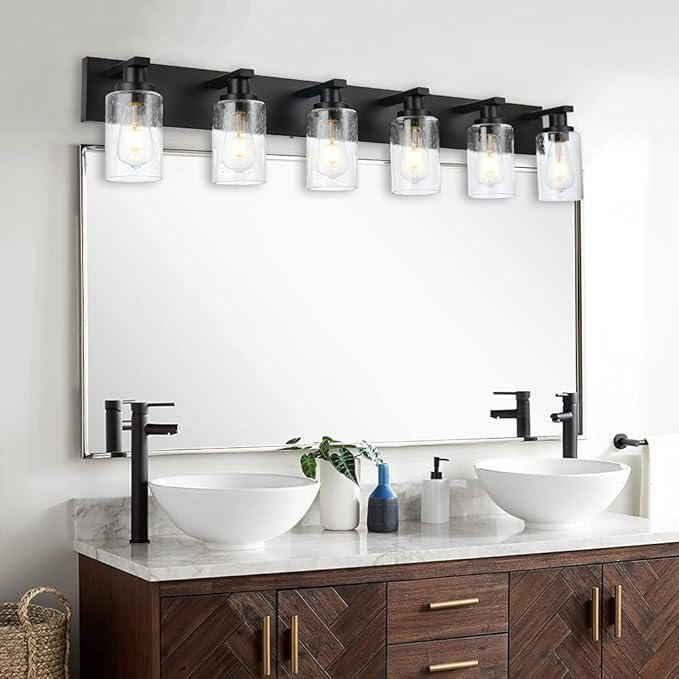 Modern Bathroom Vanity Light 6-Light Lamp in Black, Farmhouse Wall Light Fixture with Seeded Glass Shades Indoor Wall Lamp