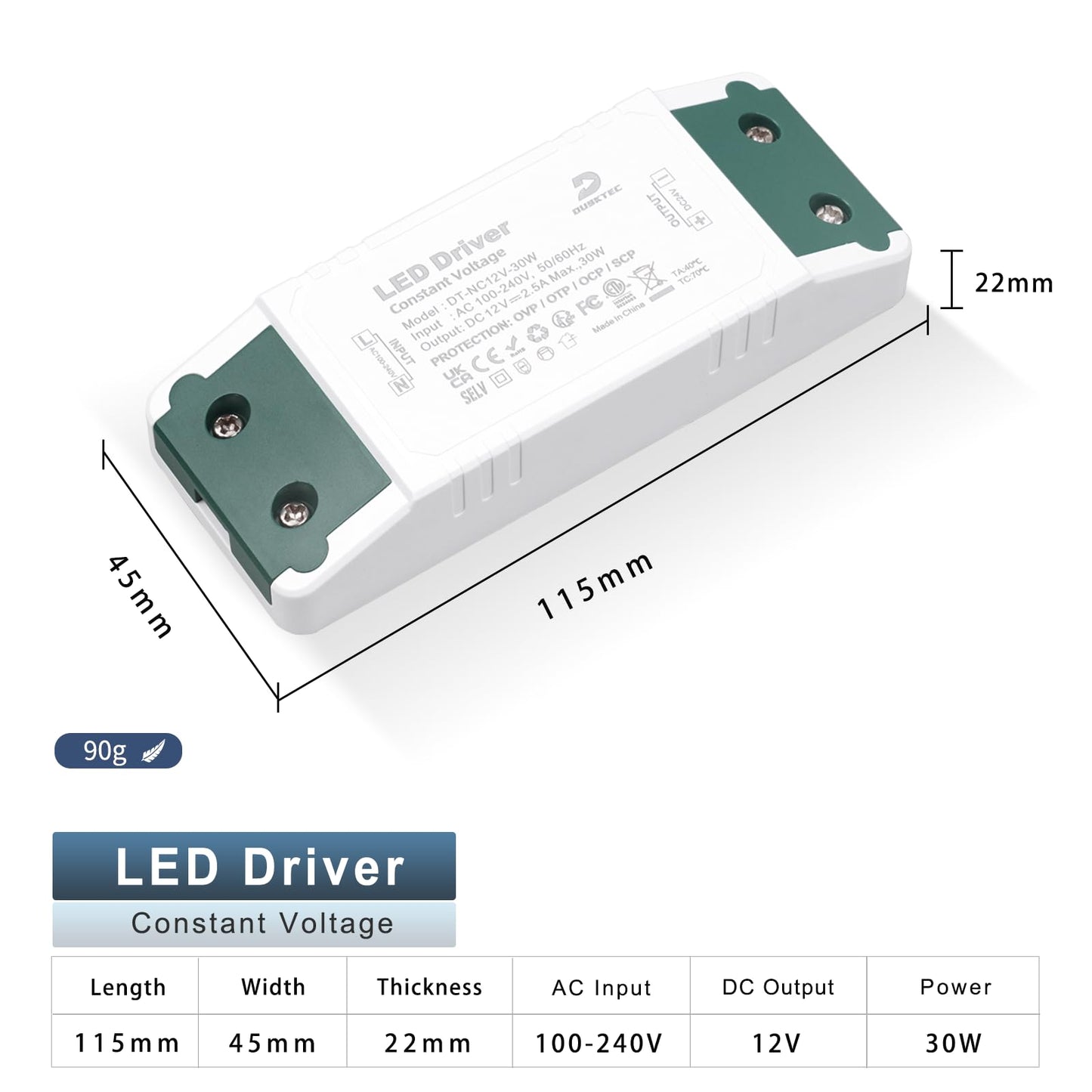 DUSKTEC LED Driver 12V 30W, LED Transformer AC 240V to DC 12 Volt 2.5A, Low Voltage Power Supply Constant Voltage for Strip Lights MR16 GU5.3 MR11 GU4 Bulbs G4 Spotlights