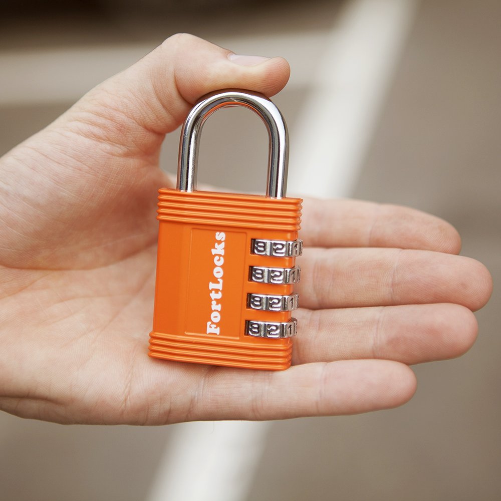 FortLocks Padlock - 4 Digit Combination Lock for Gym Outdoor & School Locker, Fence, Case & Shed – Heavy Duty Resettable Set Your Own Combo – Waterproof & Weatherproof (1 Pack - Orange)