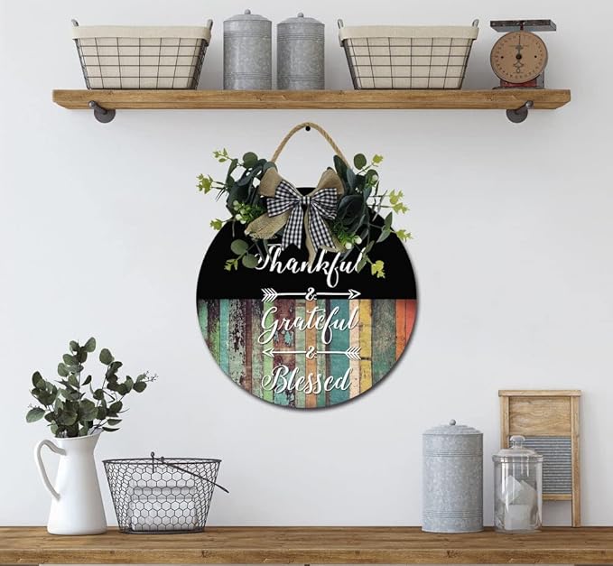 Thankful & Grateful & Blessed Front Door Sign Funny Wreaths Hanging Wooden Plaque Decoration Round Rustic Wood Farmhouse Porch Decor for Home Front Door Decor, 12 x 12 Inch