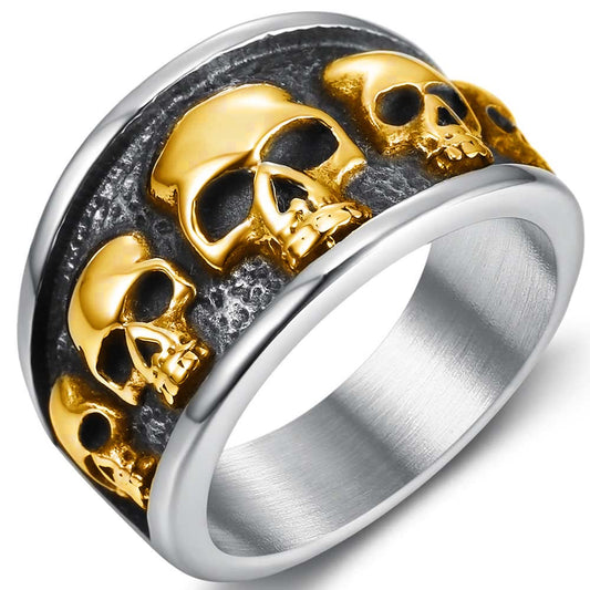 Jude Jewelers Retro Vintage Stainless Steel Gothic Death Skull Skeleton Cocktail Party Biker Statement Halloween Ring (Silver Gold, 9.5)