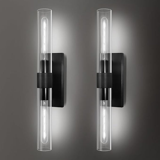 Modern Wall Sconces, Bathroom Wall Sconce, 22.8" Black Wall Lamps, 2-Light Dimmable Sconces Wall Lighting with Glass, Vanity Light Tube Sconce for Bedroom Living Room, Hallway