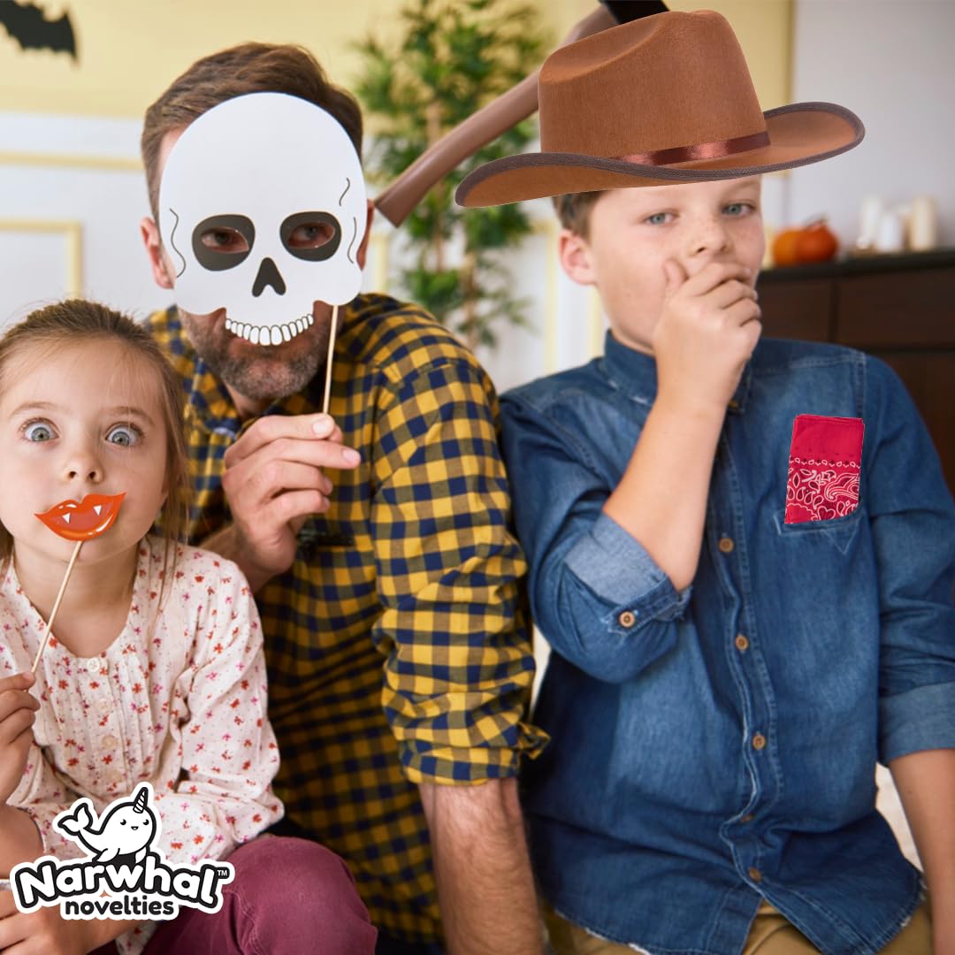 Narwhal Novelties Junior Brown Cowboy Hat with Red Bandana Set - Kids Western Wear with Felt Cowboy Hat for Boys, Kids Cowboy Hats for Dress up Parties - Kids Cowgirl Hat