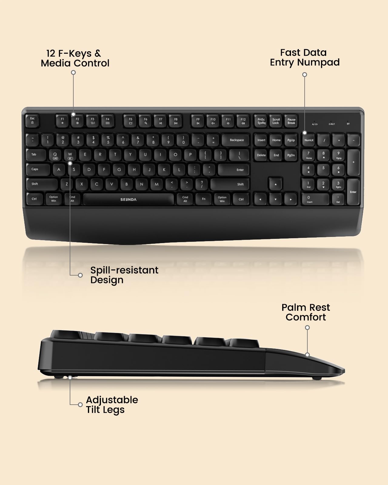 seenda Bluetooth Keyboard and Mouse, COE200 USB + Bluetooth Multi Device, Ergonomic Keyboard Mouse Set, Full-Size Wireless Combo Compatible for Mac OS/Windows PCs Computers Laptops MacBooks - Black