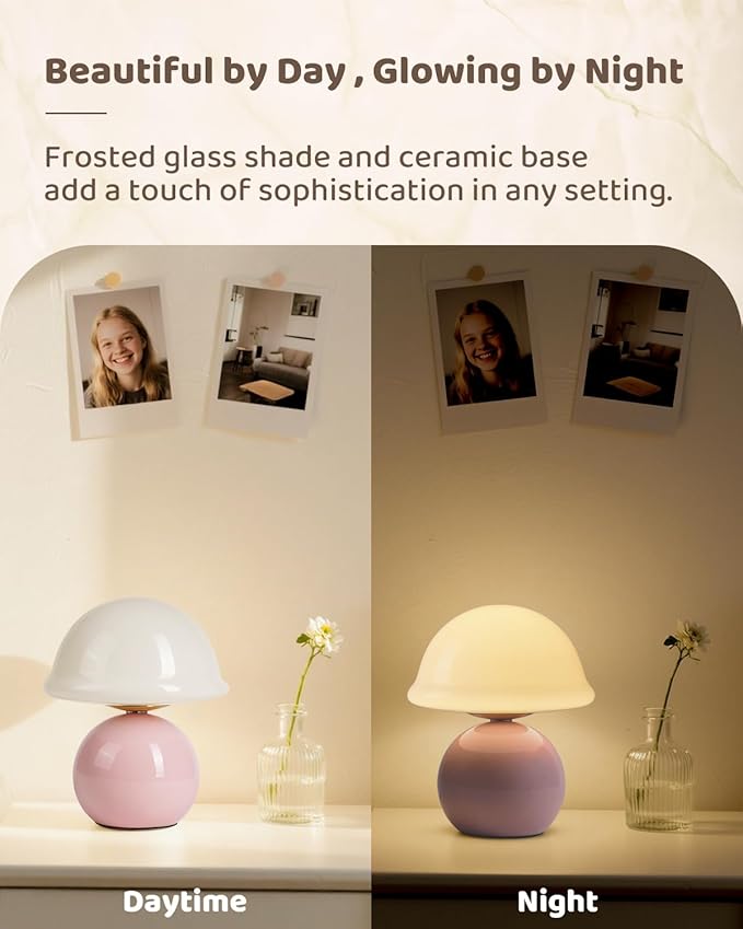 Mushroom Lamp Bedside Table Lamp for Bedroom, Cute Small Lamps with Glass Lampshade, Nightstand Lamp with Dimmer for Living Room Kitchen Apartments Offices Desk Shelves (Pink)