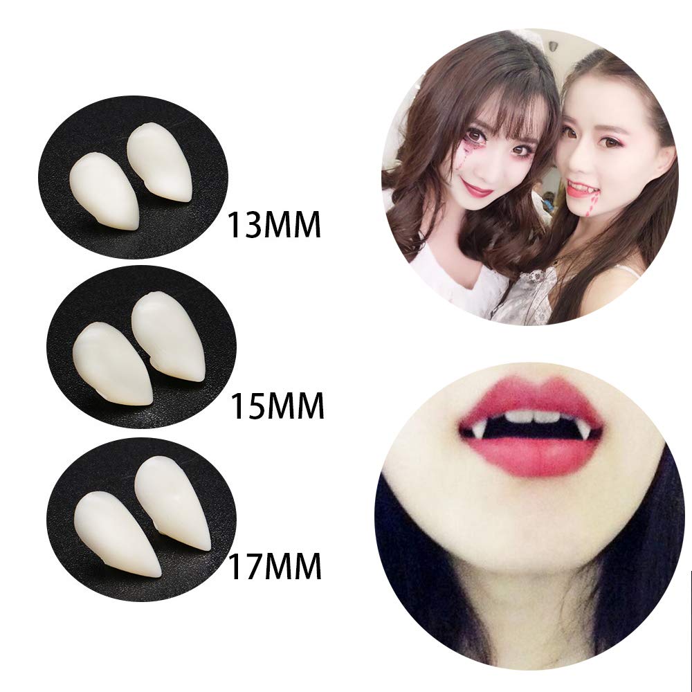 Secaden Cosplay 3 Pairs Vampire Teeth with Adhesive Dentures Halloween Party Props Fangs (13mm, 15mm, 17mm)