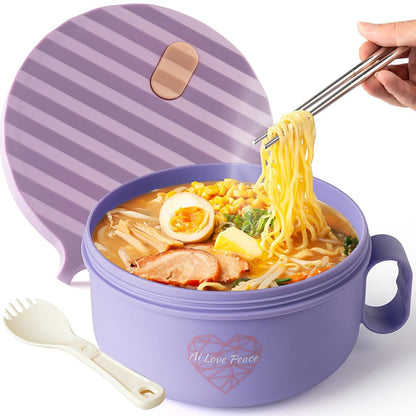 AI LOVE PEACE Ramen Bowl, 40 oz Microwaveable Noodle Cooker for Ramen, Pho, Soup, and Pasta, Dishwasher Safe and Portable, Ideal for Home, Office, Dorm, or Gift (Purple)