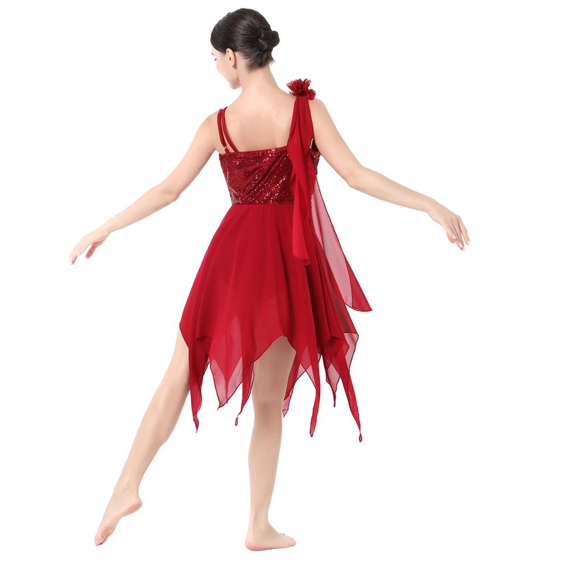 IBAKOM Lyrical Dance Dress for Women One Shoulder Flower Strap Shiny Sequins Contemporary Dance Costume Asymmetrical Chiffon Skirt Ballerina Salsa Ballroom Flowy Dresses Red Strap L