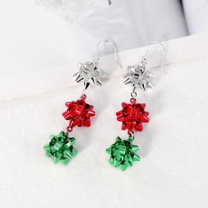 Christmas Earrings for Women, Cute Green Christmas Gift Bow Dangle Earring, Holiday Crazy Party Drop Stud Earrings (Colorful Bow)
