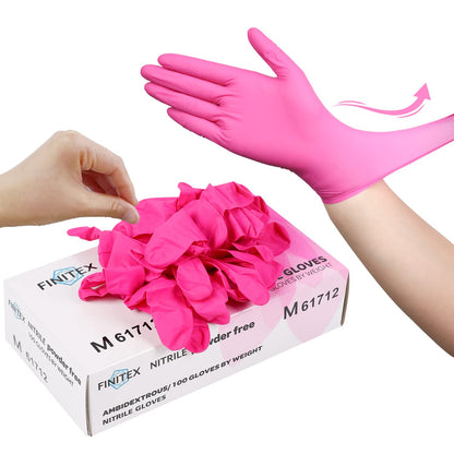FINITEX Pink Nitrile Disposable Latex-Free Gloves - 3.5mil 100PCS/Box 9inch Long Powder-Free Guantes de Nitrilo Cleaning Medical Exam Food Cooking Glove (100, Medium)