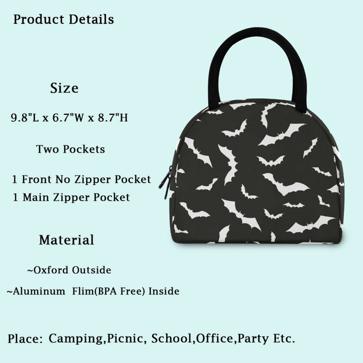 ZzWwR Stylish Bats Halloween Pattern Reusable Lunch Tote Bag with Front Pocket Zipper Closure Insulated Cooler Container Bag for Man Women Work Picnic Travel Beach Fishing