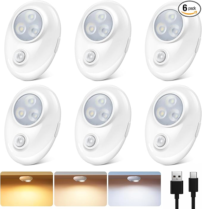 Motion Sensor Puck Lights, 3 Color Temps Dimmable LED Closet Light, Wireless USB Magnetic Cabinet Lights, Stick On Motion Sensor Light Indoor for Stair, Kitchen, Shelf (6 Pack)