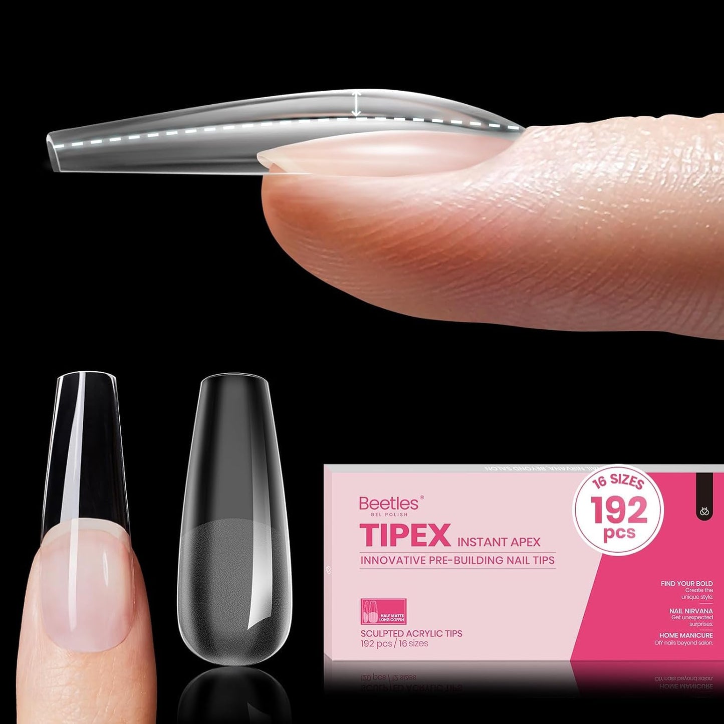 Beetles Tipex Gel Nail Kit, Medium Almond Nail Tips 224 Pcs 16 Sizes Pre-Building Pre-Etched Thick Acrylic Tips with Tipex Glue, Mini Lamp
